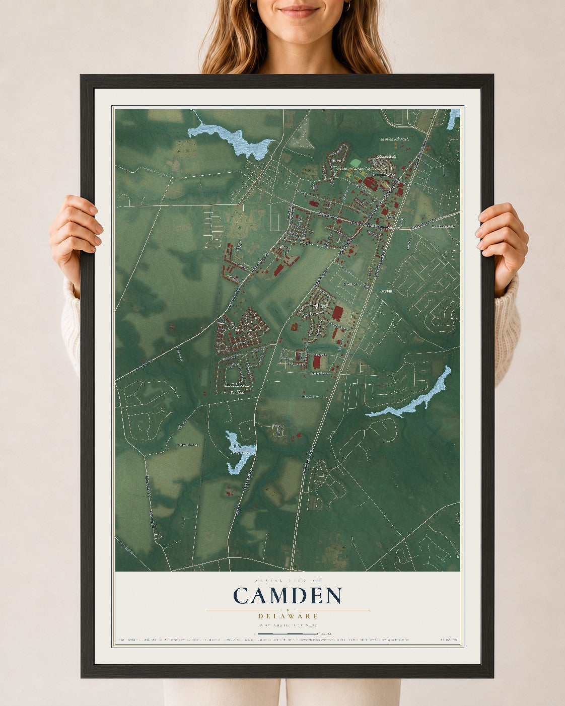 Map of Camden, Delaware, 24 x 36 inch print in a black wood frame