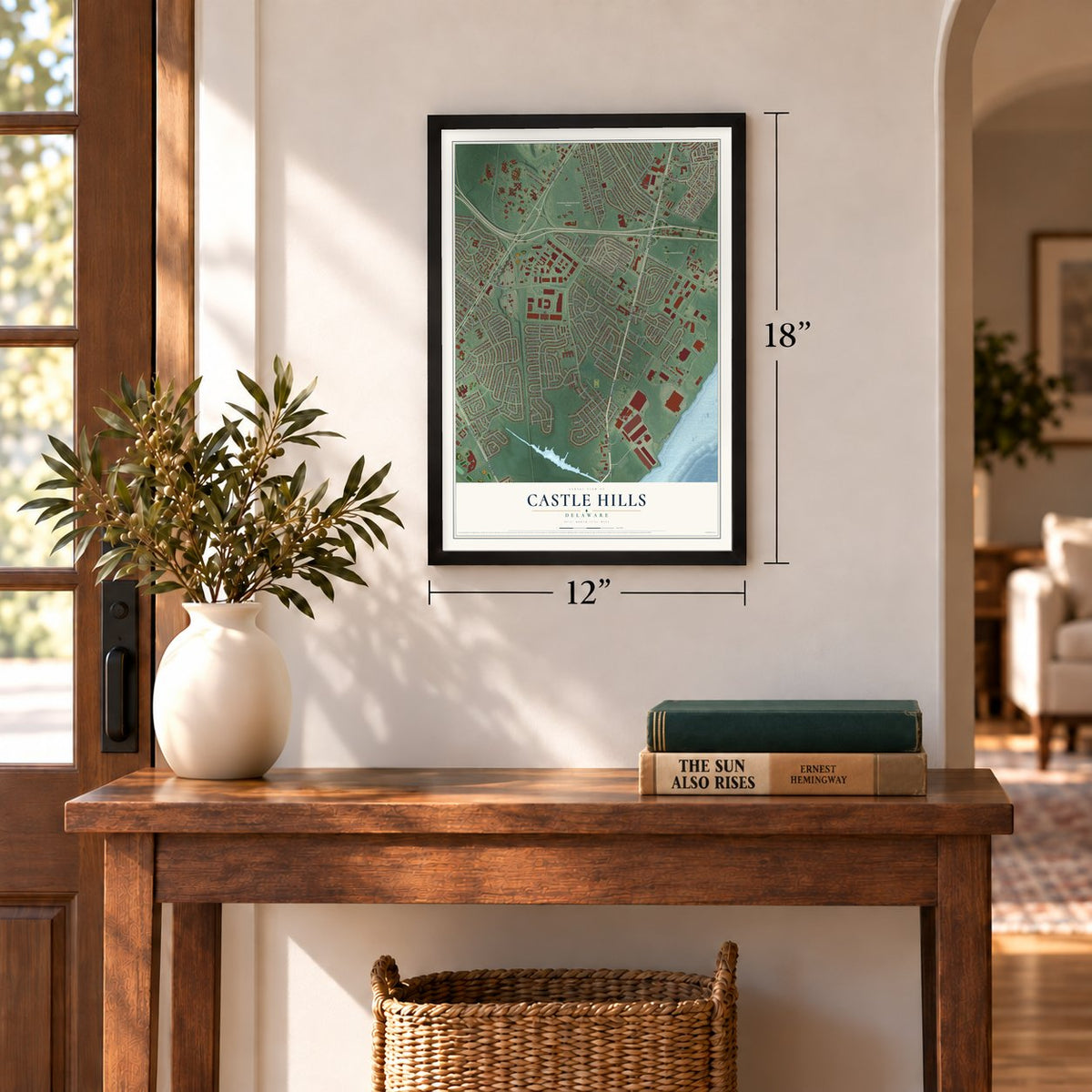 Castle Hills, Delaware map, 12 x 18 inch print in a black frame in an entryway