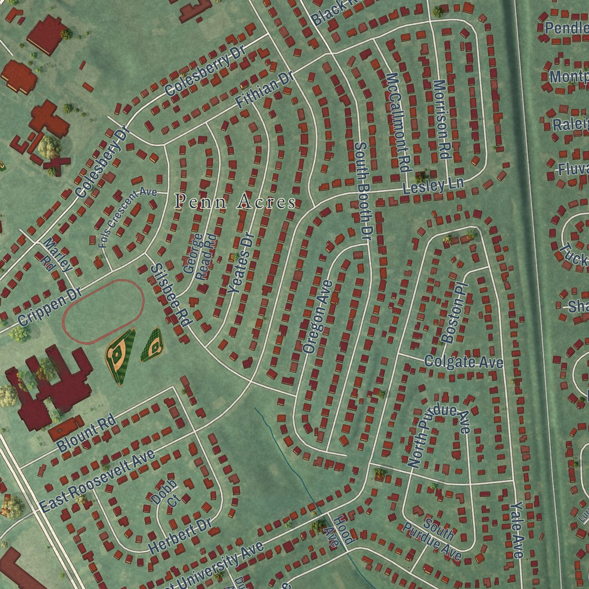Close-up of the map of Castle Hills, Delaware print showing street and building detail