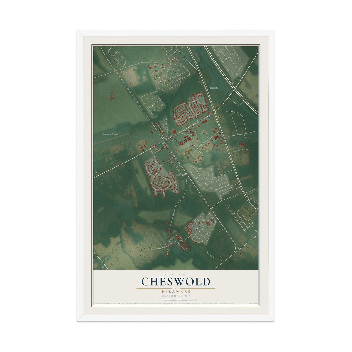 Map of Cheswold, Delaware, 12 x 18 inch print in a white wood frame