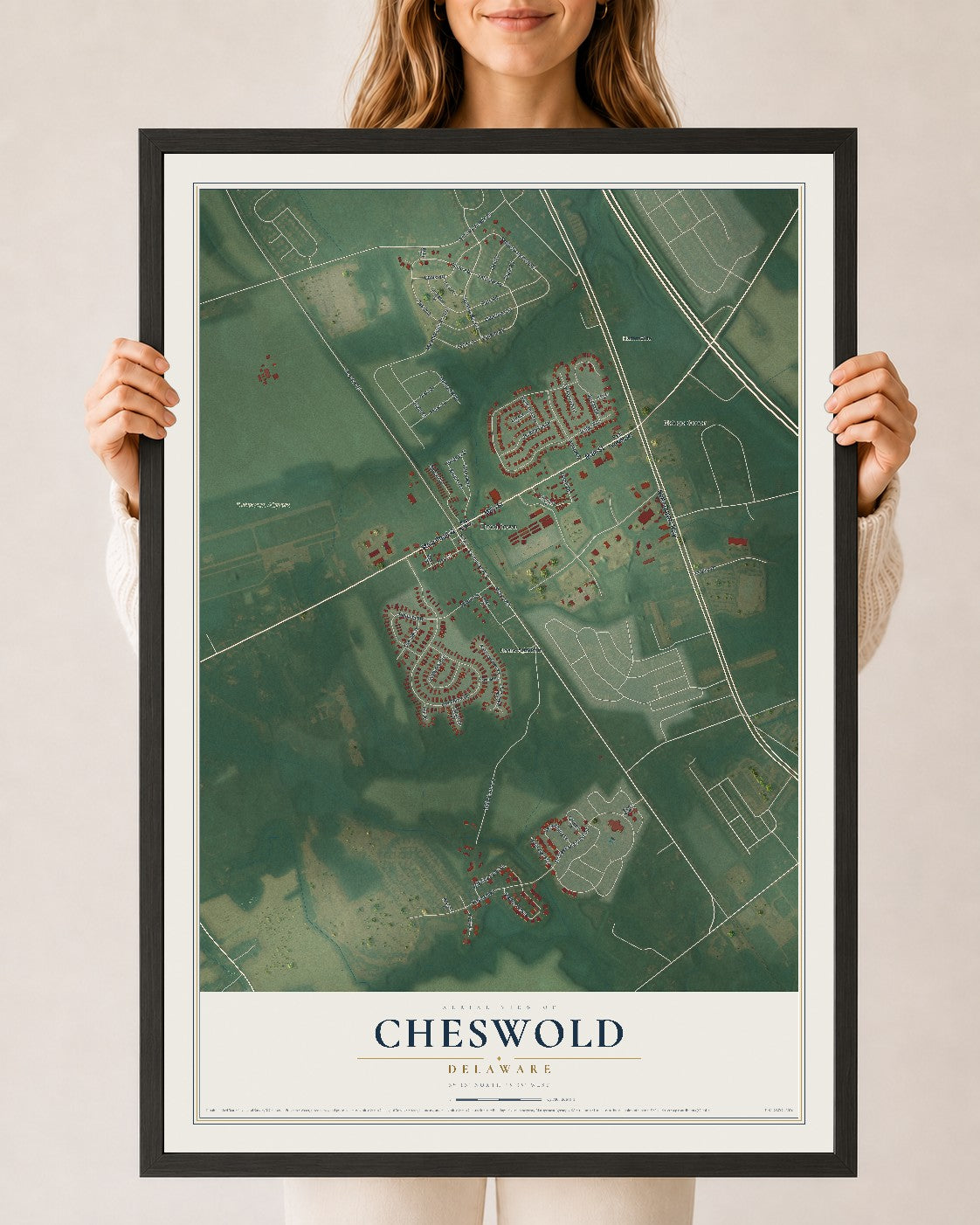 Map of Cheswold, Delaware, 24 x 36 inch print in a black wood frame