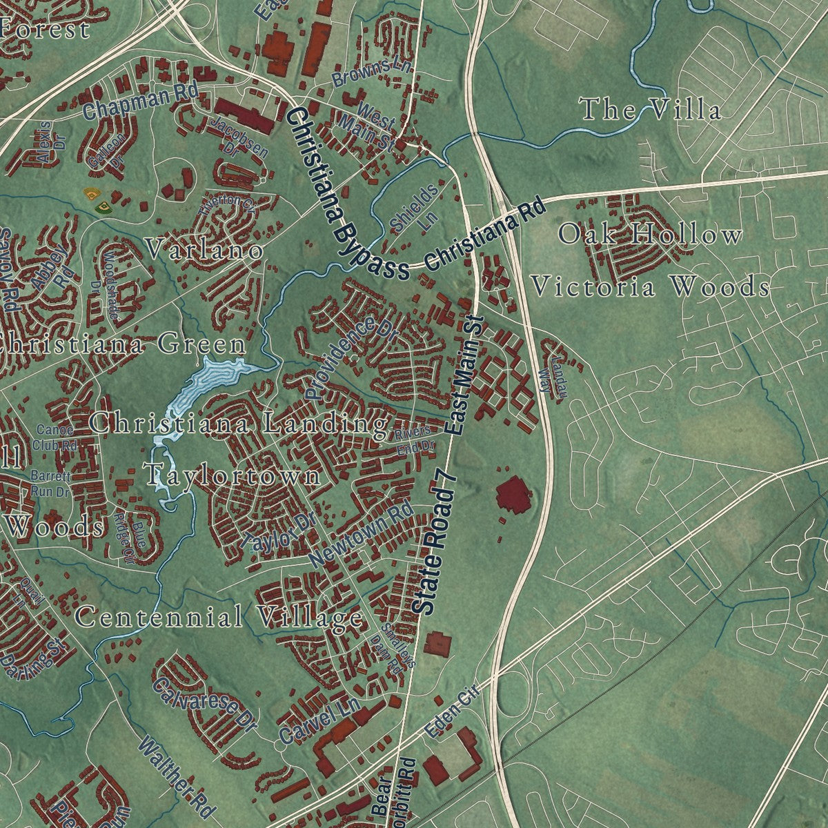 Close-up of the map of Christiana, Delaware print showing street and building detail