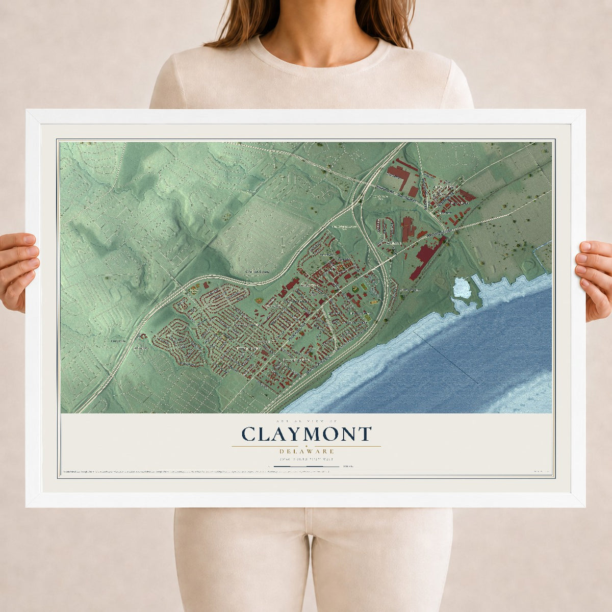Map of Claymont, Delaware, 18 x 24 inch print in a white wood frame