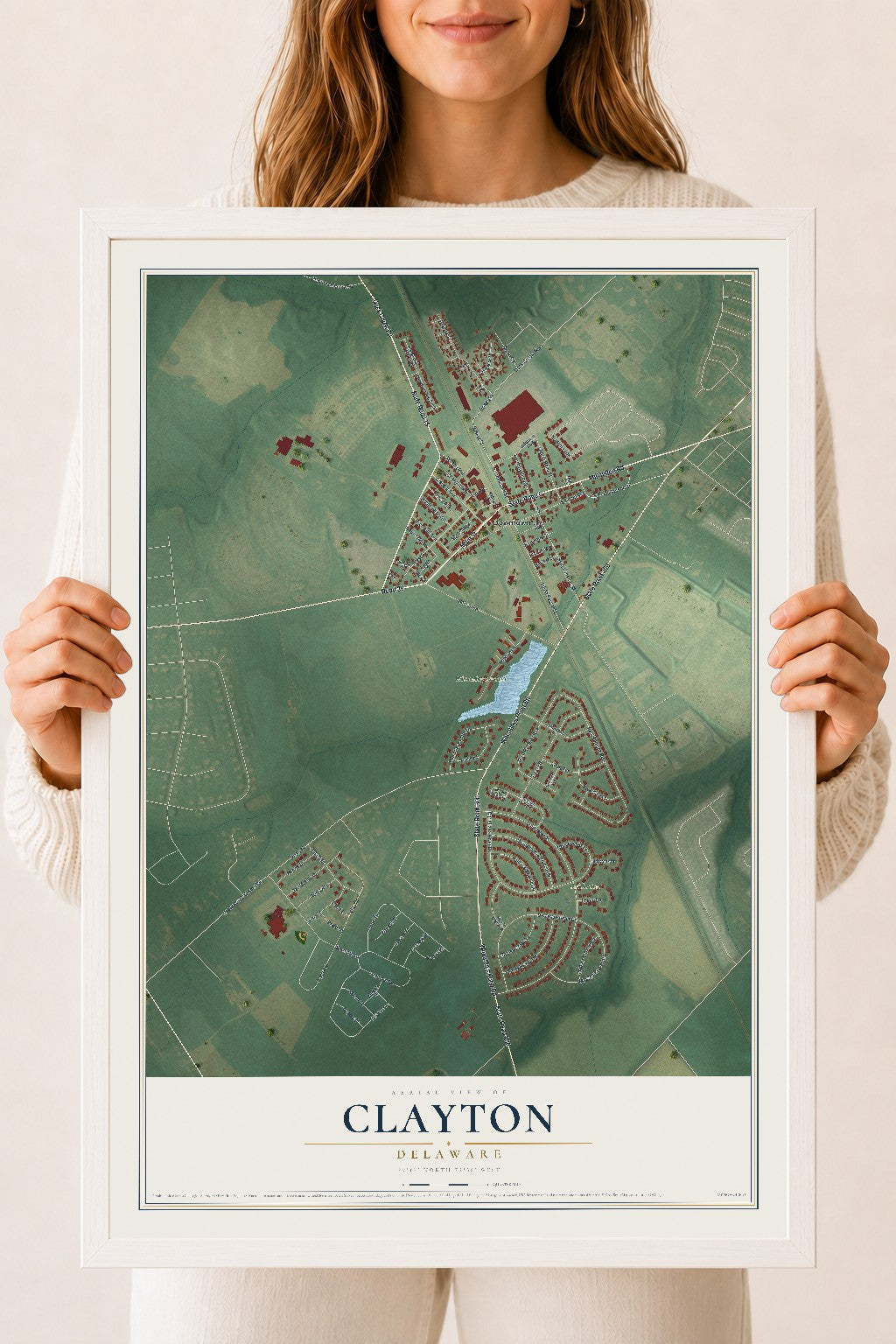 Map of Clayton, Delaware, 18 x 24 inch print in a white wood frame