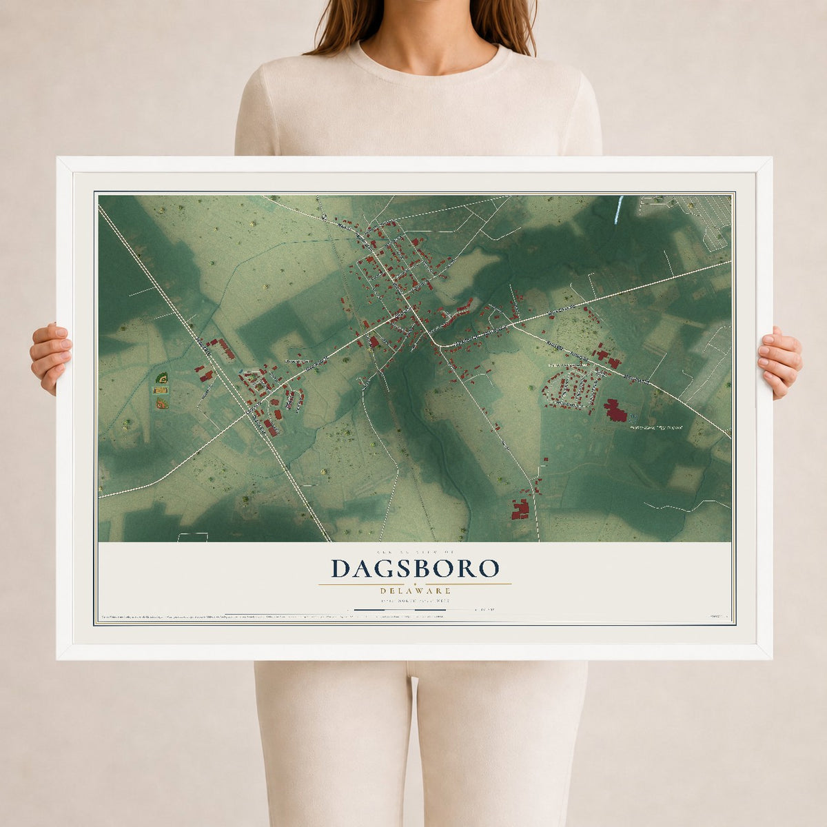 Map of Dagsboro, Delaware, 24 x 36 inch print in a white wood frame