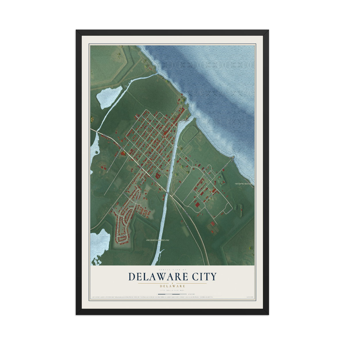 Map of Delaware City, Delaware, 12 x 18 inch print in a black wood frame