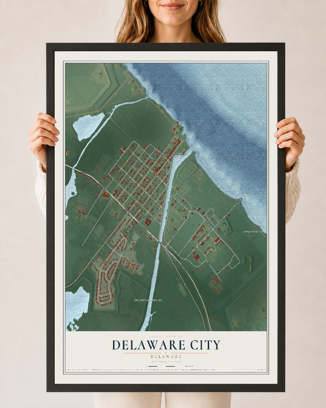 Map of Delaware City, Delaware, 24 x 36 inch print in a black wood frame