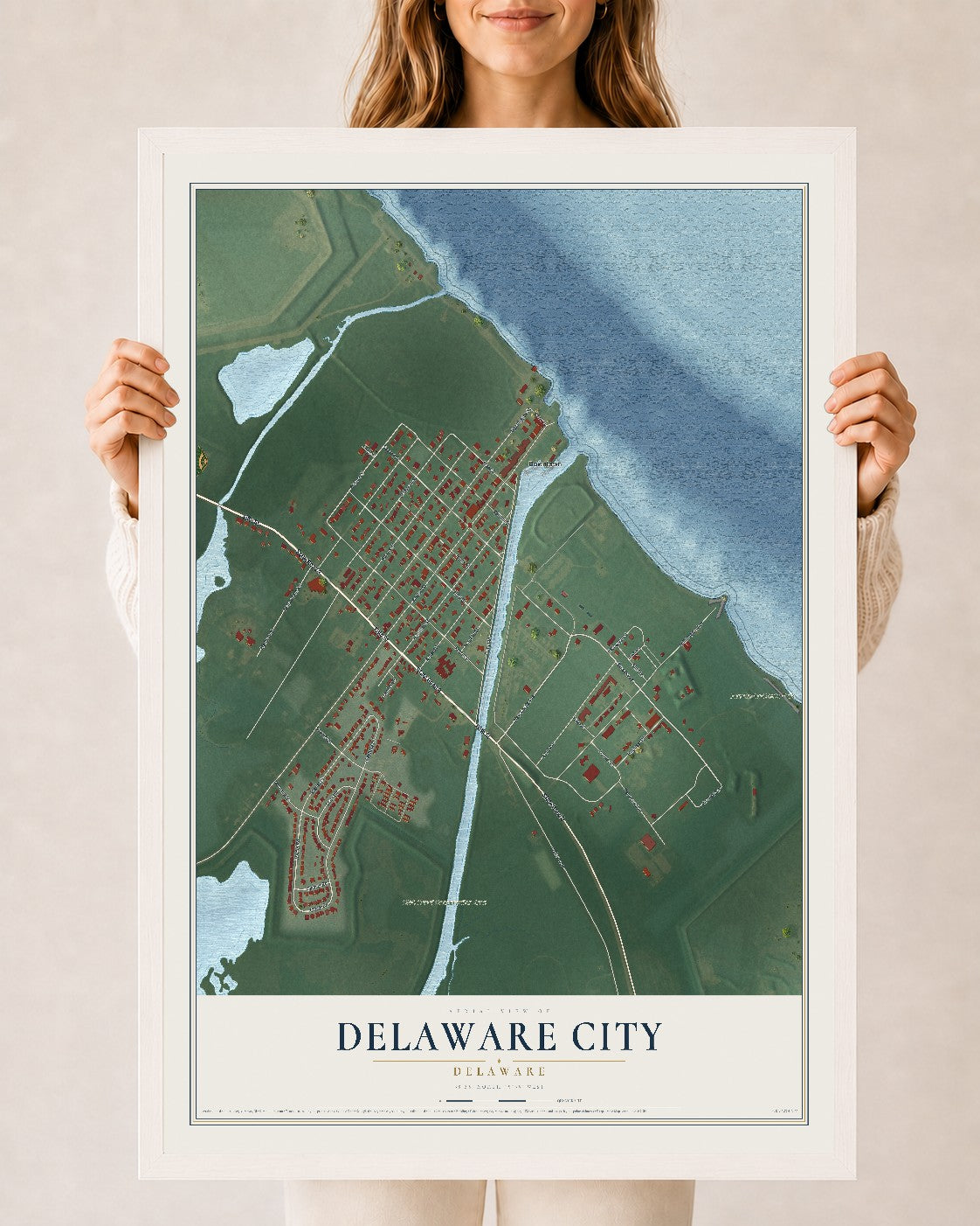 Map of Delaware City, Delaware, 24 x 36 inch print in a white wood frame
