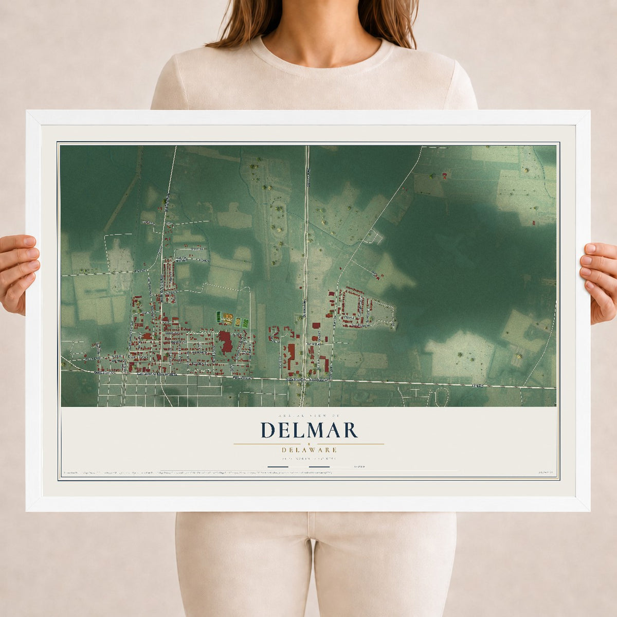 Map of Delmar, Delaware, 18 x 24 inch print in a white wood frame