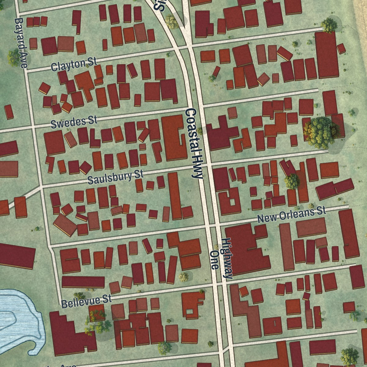 Close-up of the map of Dewey Beach, Delaware print showing street and building detail