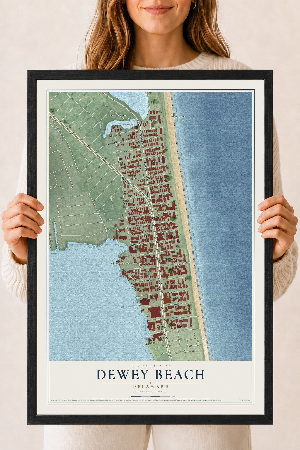 Map of Dewey Beach, Delaware, 18 x 24 inch print in a black wood frame