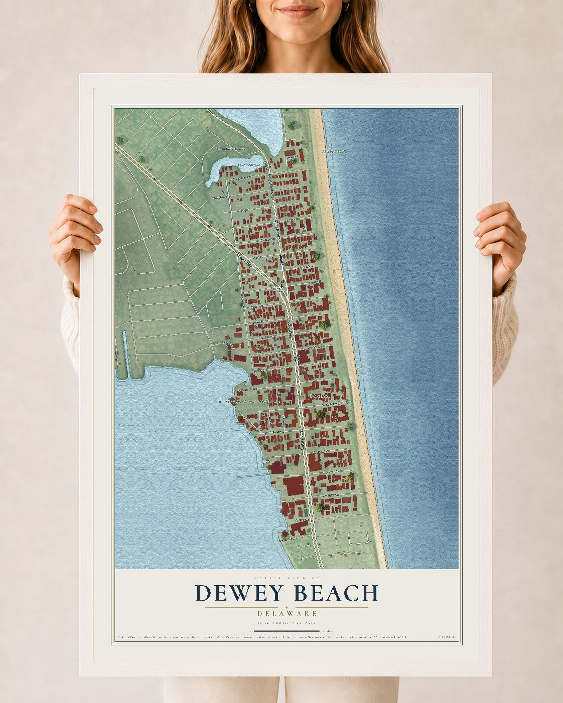 Map of Dewey Beach, Delaware, 24 x 36 inch print in a white wood frame