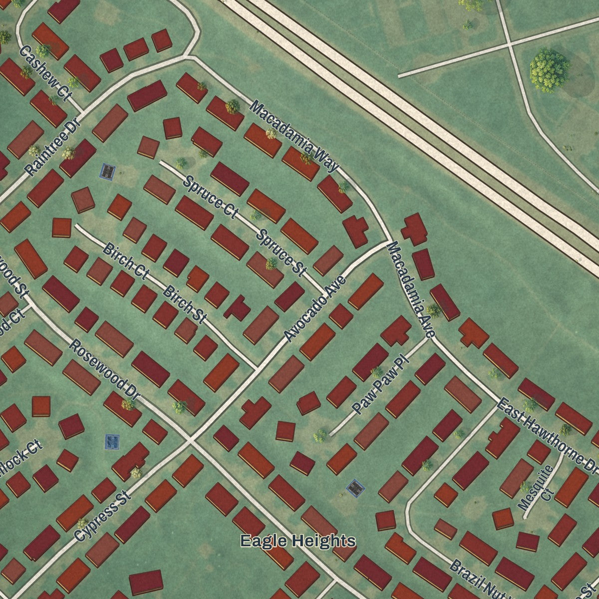 Close-up of the map of Dover Base Housing, Delaware print showing street and building detail