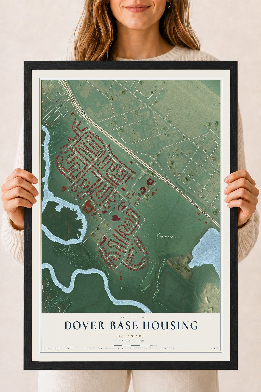 Map of Dover Base Housing, Delaware, 18 x 24 inch print in a black wood frame