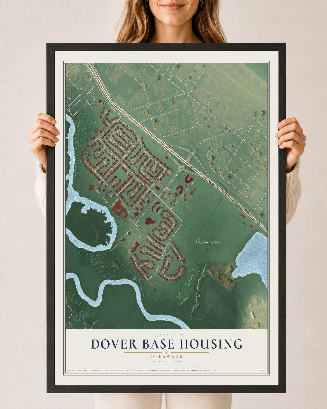 Map of Dover Base Housing, Delaware, 24 x 36 inch print in a black wood frame
