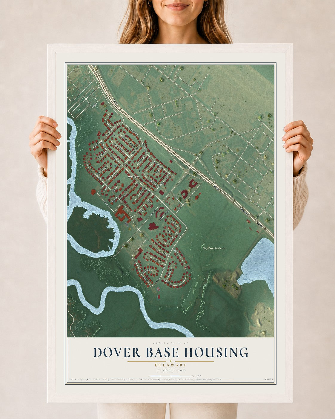 Map of Dover Base Housing, Delaware, 24 x 36 inch print in a white wood frame