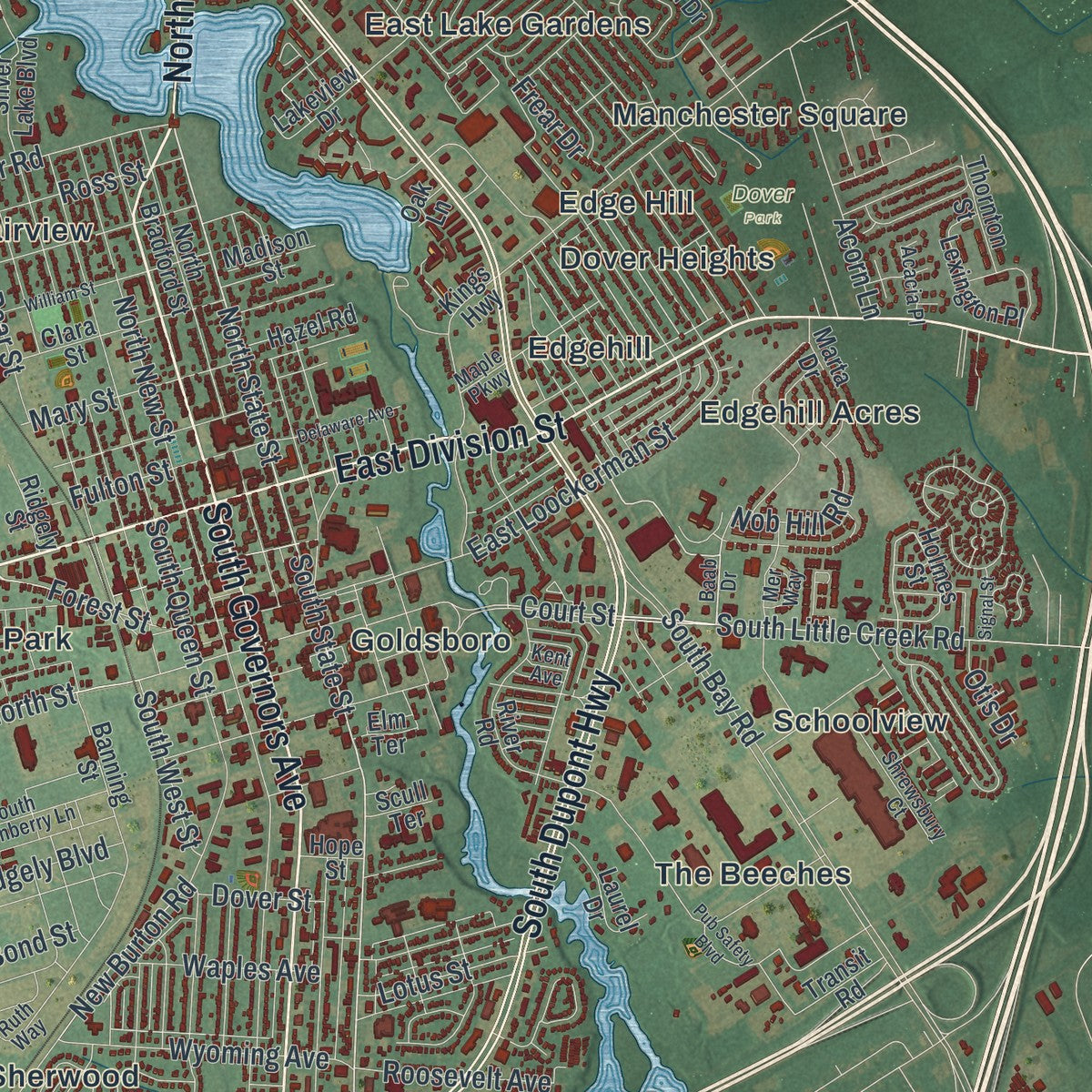 Close-up of the map of Dover, Delaware print showing street and building detail