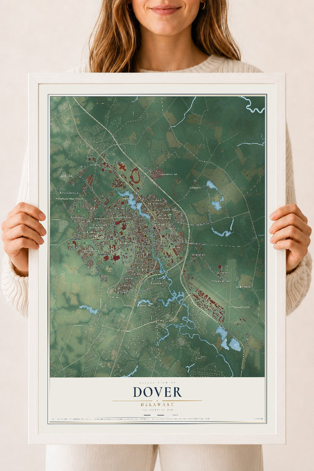 Map of Dover, Delaware, 18 x 24 inch print in a white wood frame