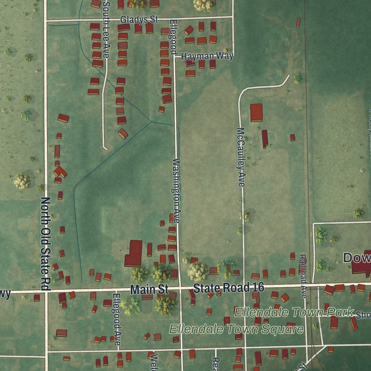 Close-up of the map of Ellendale, Delaware print showing street and building detail