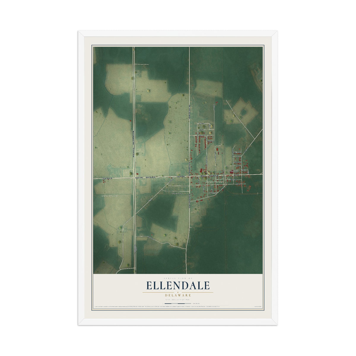 Map of Ellendale, Delaware, 12 x 18 inch print in a white wood frame