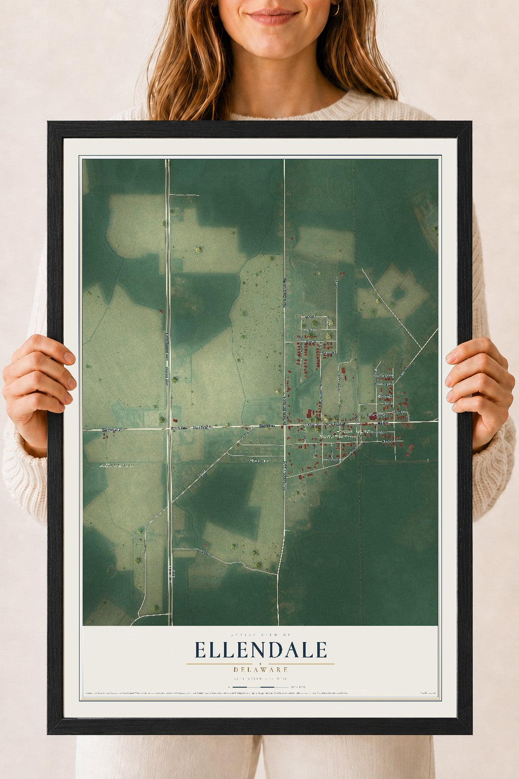 Map of Ellendale, Delaware, 18 x 24 inch print in a black wood frame