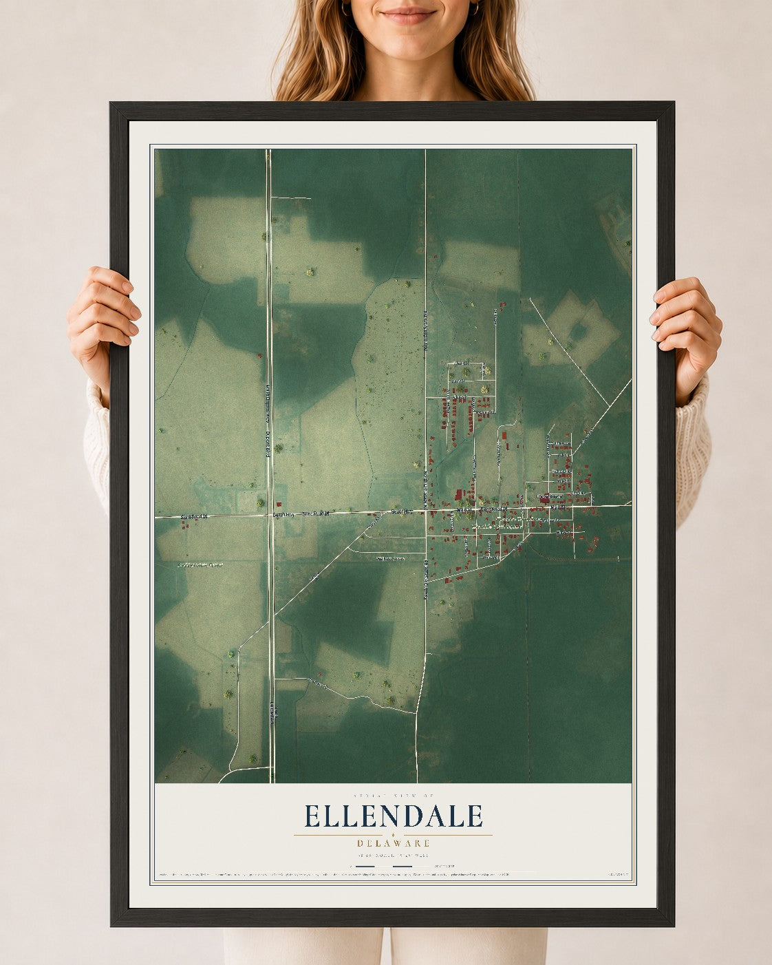 Map of Ellendale, Delaware, 24 x 36 inch print in a black wood frame