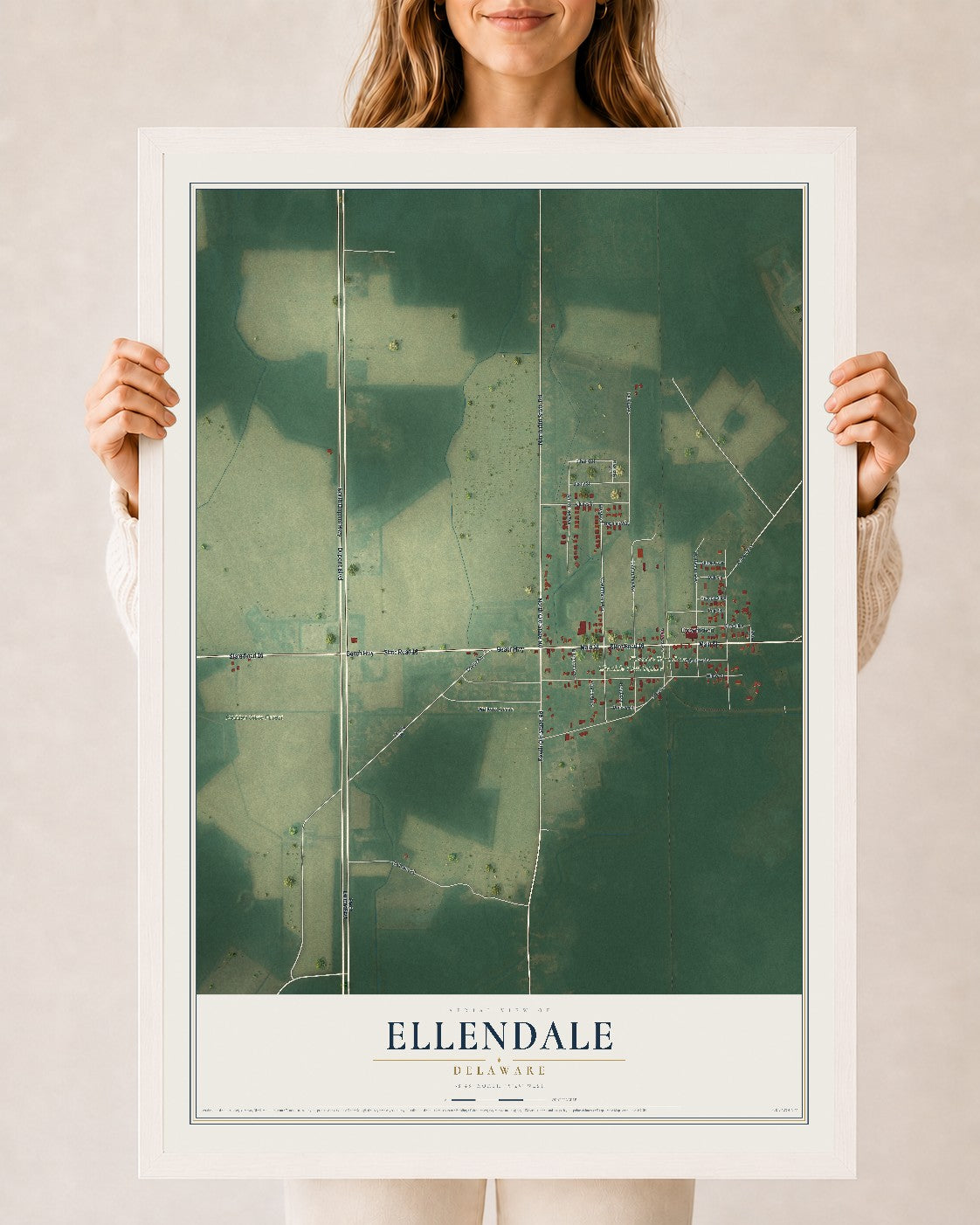 Map of Ellendale, Delaware, 24 x 36 inch print in a white wood frame