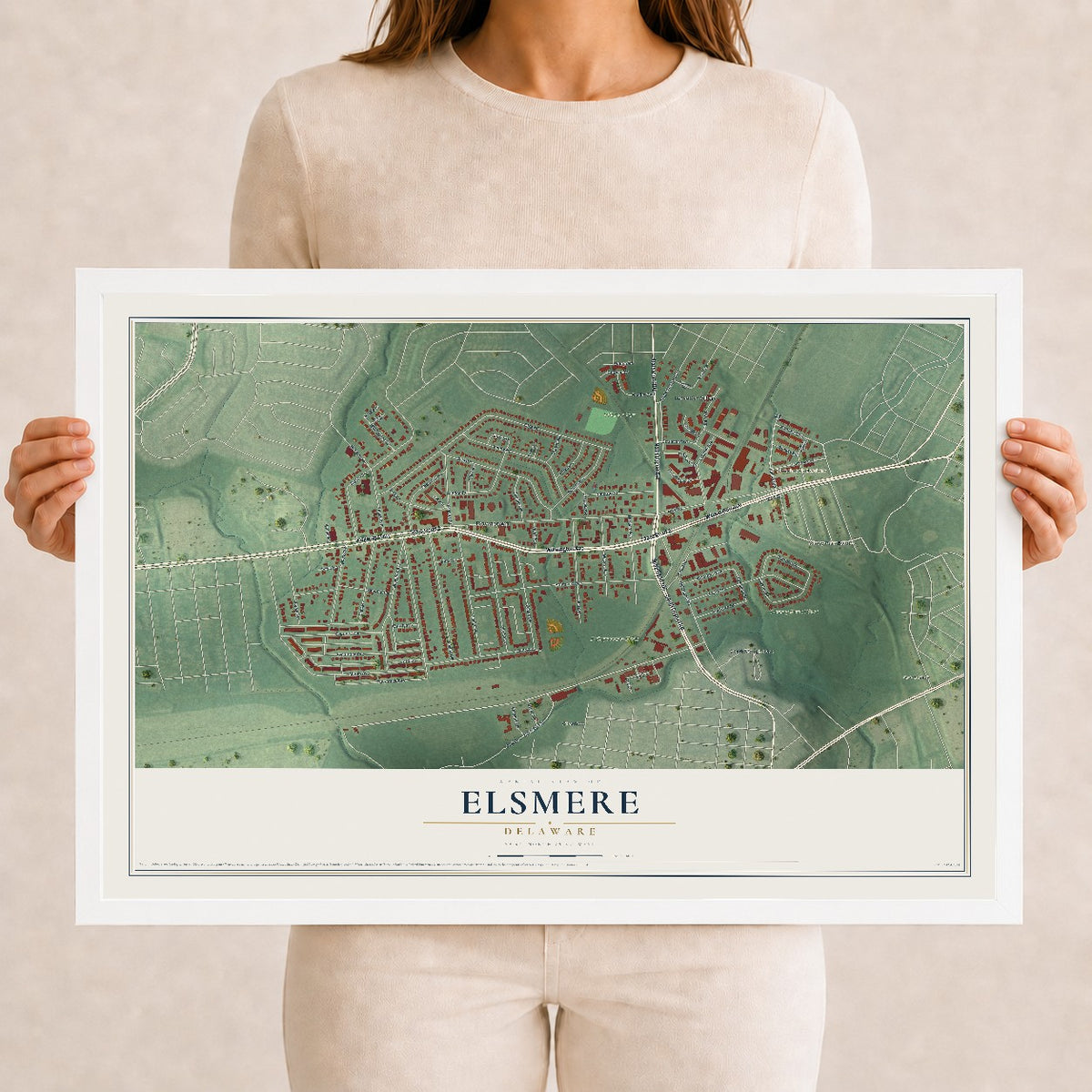 Map of Elsmere, Delaware, 12 x 18 inch print in a white wood frame
