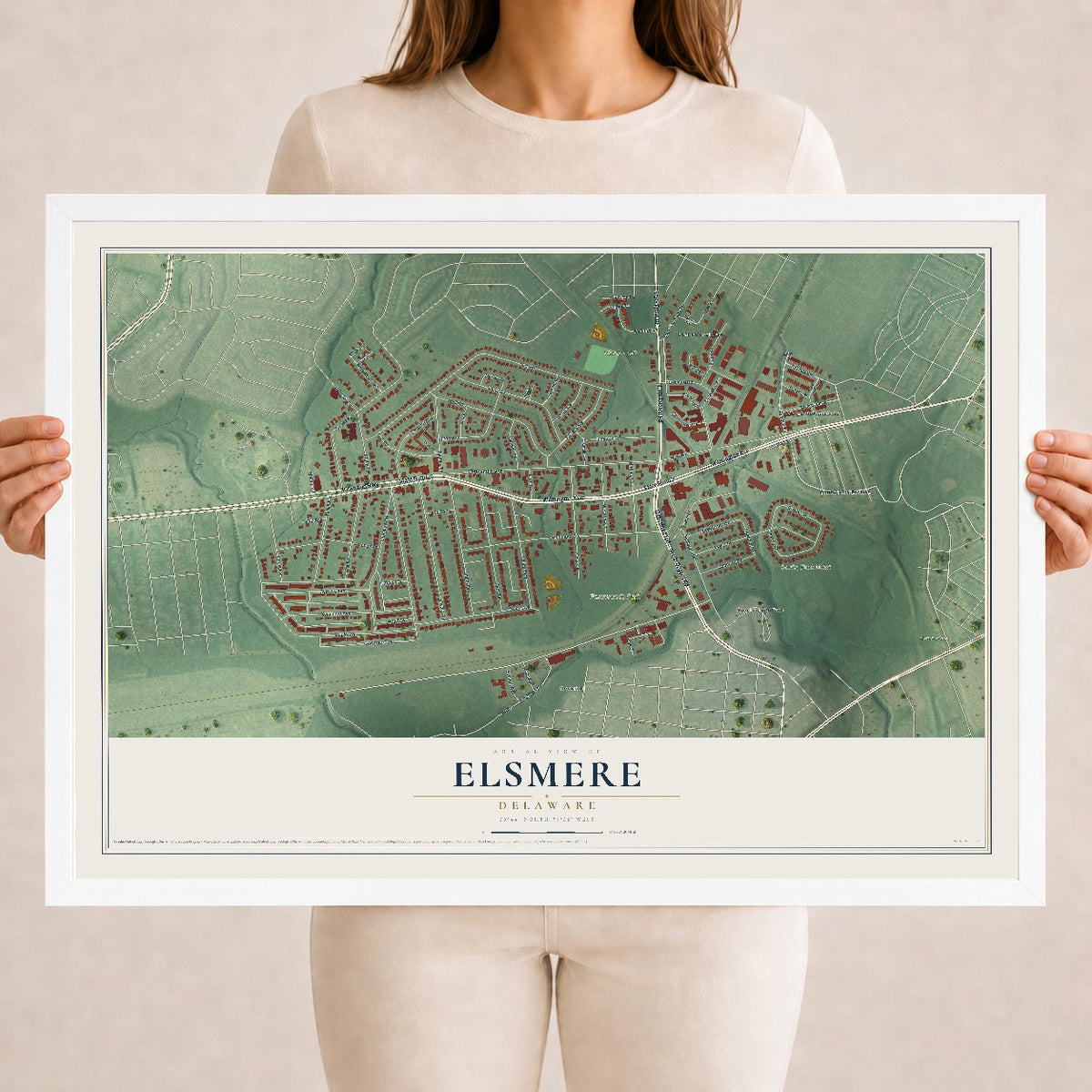 Map of Elsmere, Delaware, 18 x 24 inch print in a white wood frame