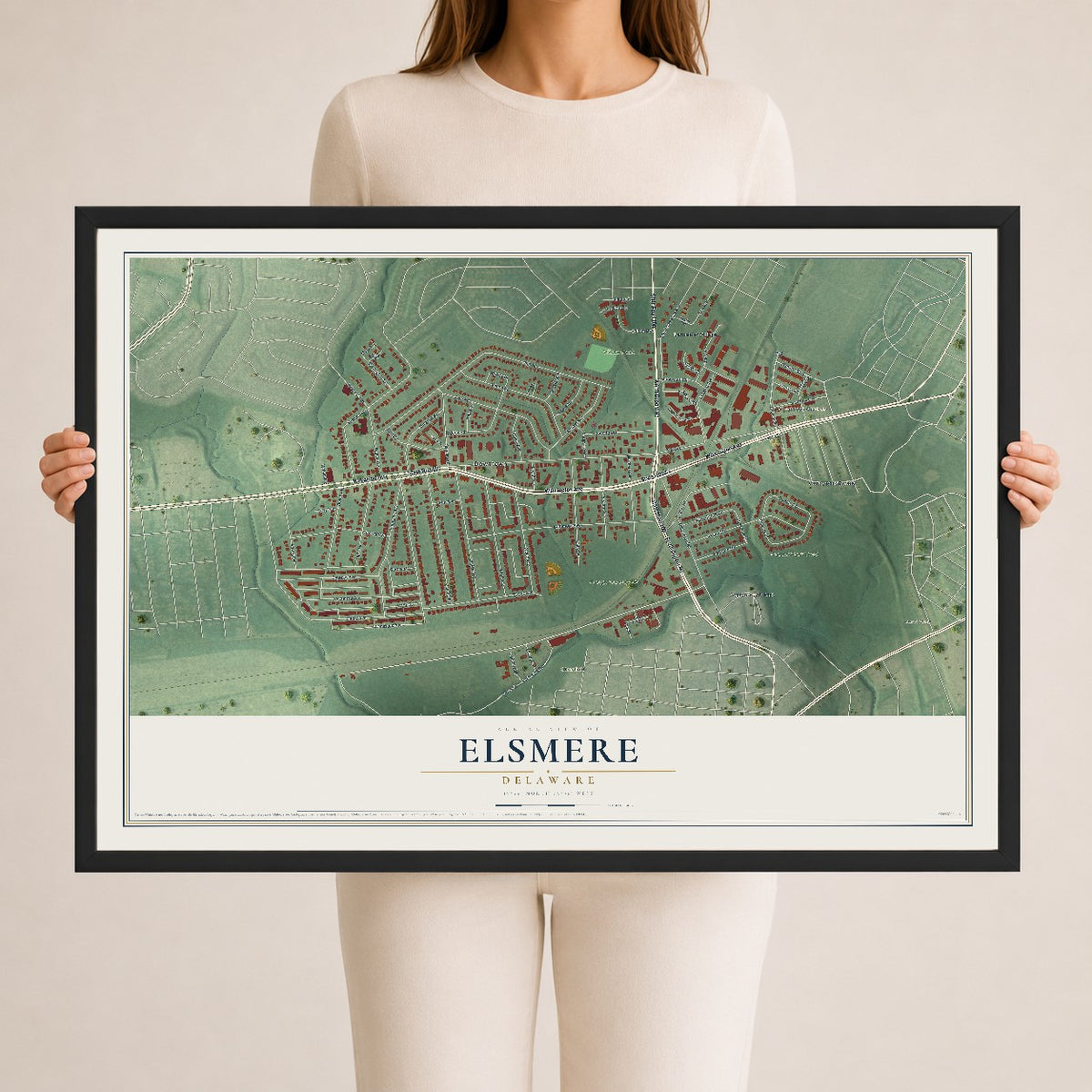 Map of Elsmere, Delaware, 24 x 36 inch print in a black wood frame
