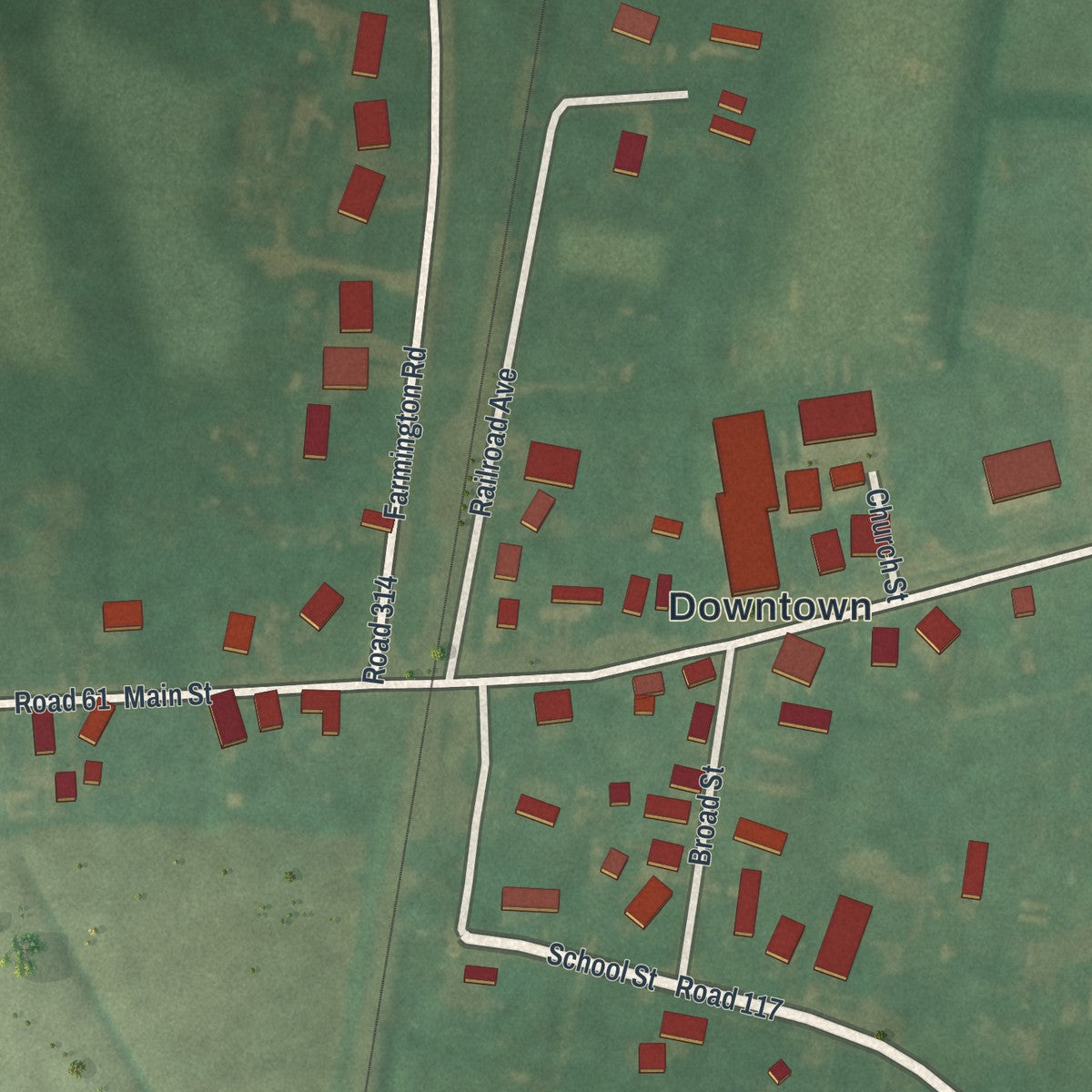 Close-up of the map of Farmington, Delaware print showing street and building detail
