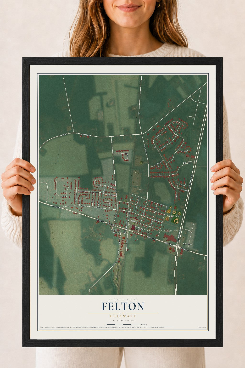 Map of Felton, Delaware, 18 x 24 inch print in a black wood frame