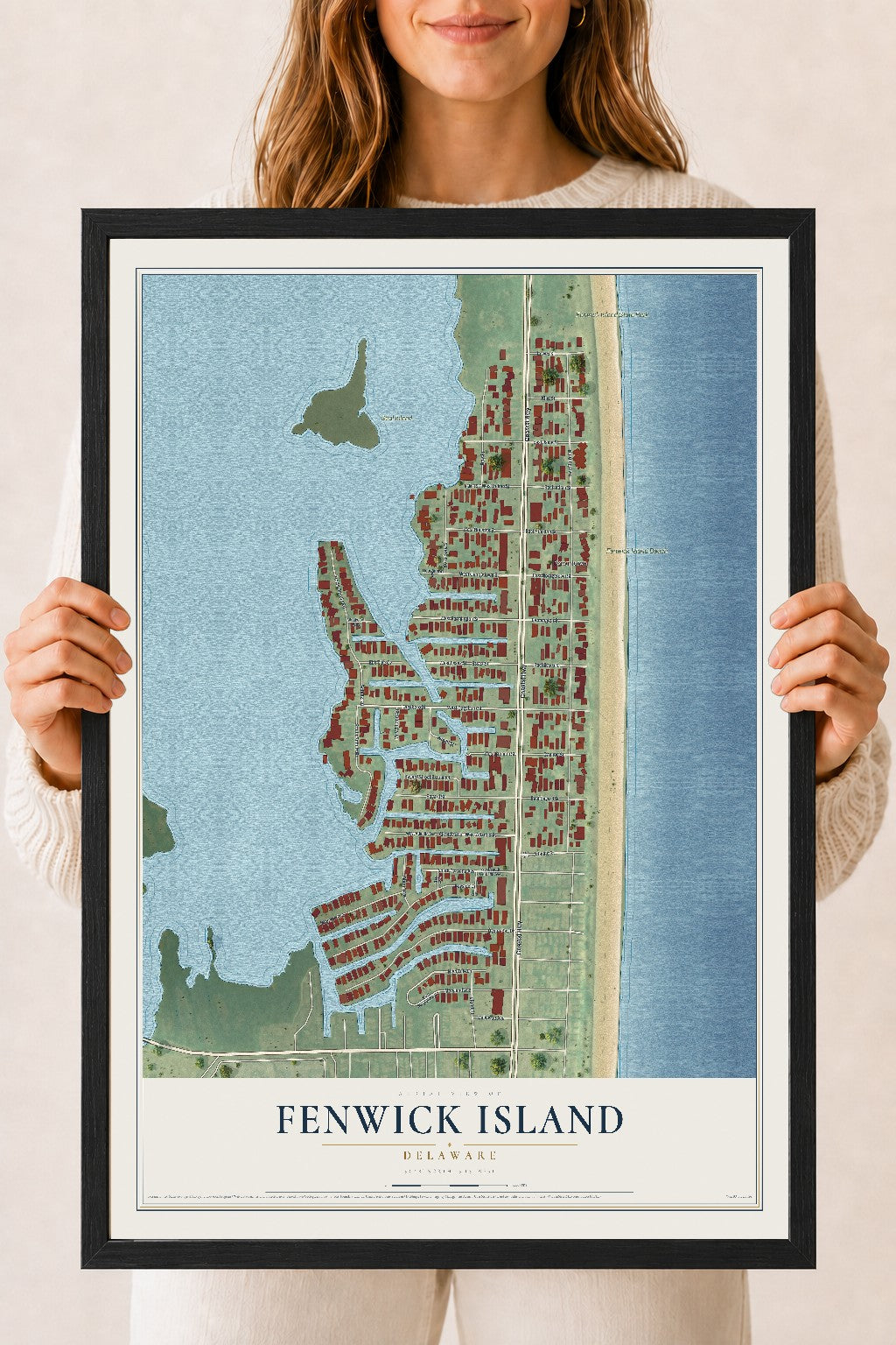 Map of Fenwick Island, Delaware, 18 x 24 inch print in a black wood frame