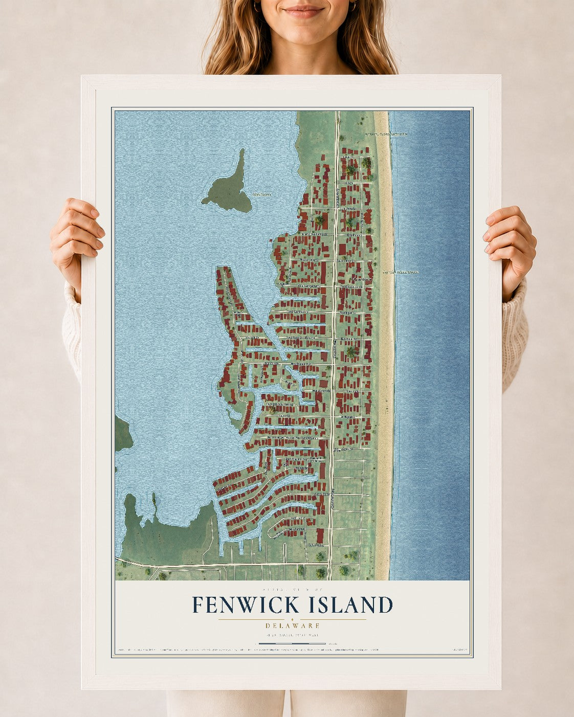 Map of Fenwick Island, Delaware, 24 x 36 inch print in a white wood frame