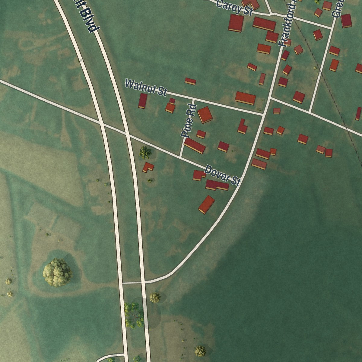 Second close-up of the map of Frankford, Delaware print showing more streets and buildings