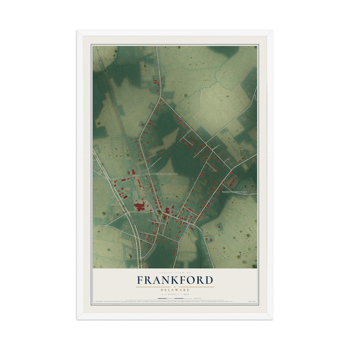 Map of Frankford, Delaware, 12 x 18 inch print in a white wood frame