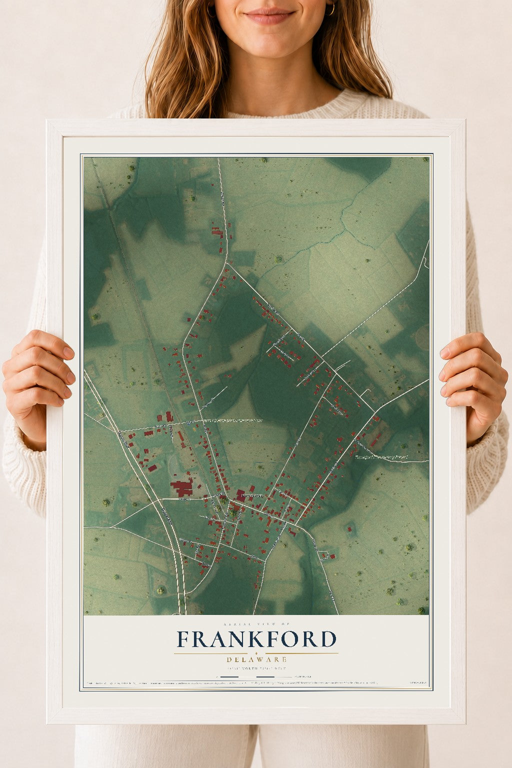 Map of Frankford, Delaware, 18 x 24 inch print in a white wood frame