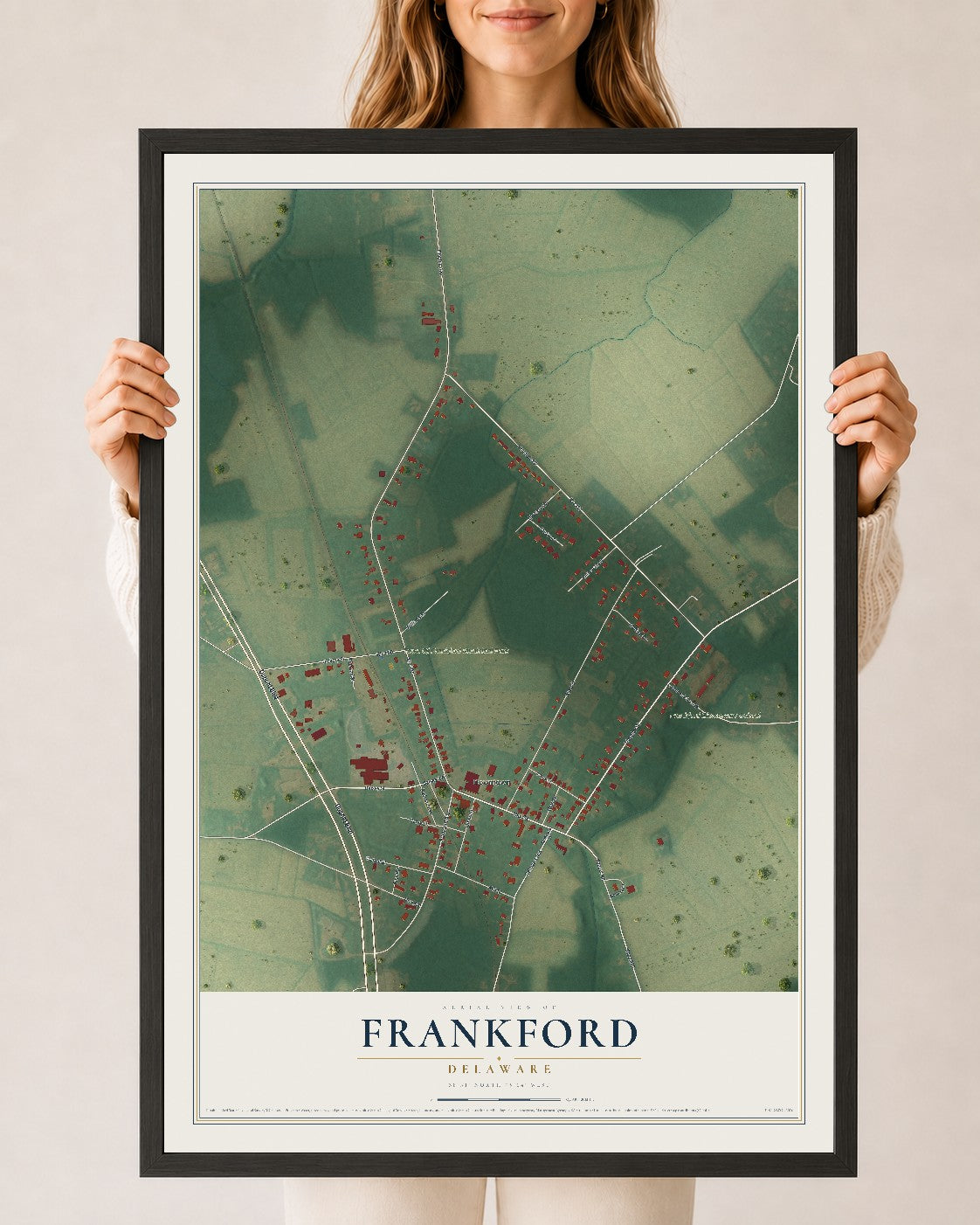 Map of Frankford, Delaware, 24 x 36 inch print in a black wood frame