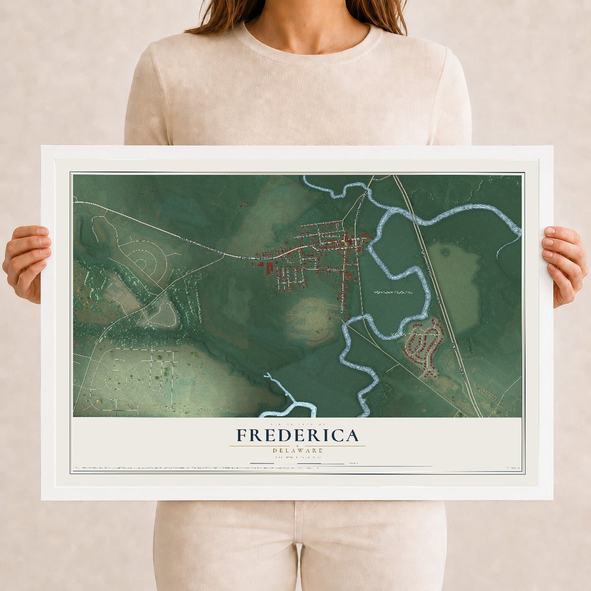 Map of Frederica, Delaware, 12 x 18 inch print in a white wood frame