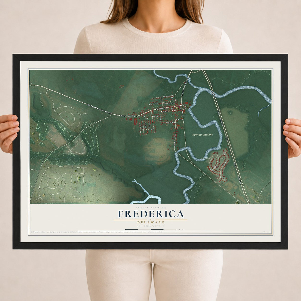 Map of Frederica, Delaware, 18 x 24 inch print in a black wood frame