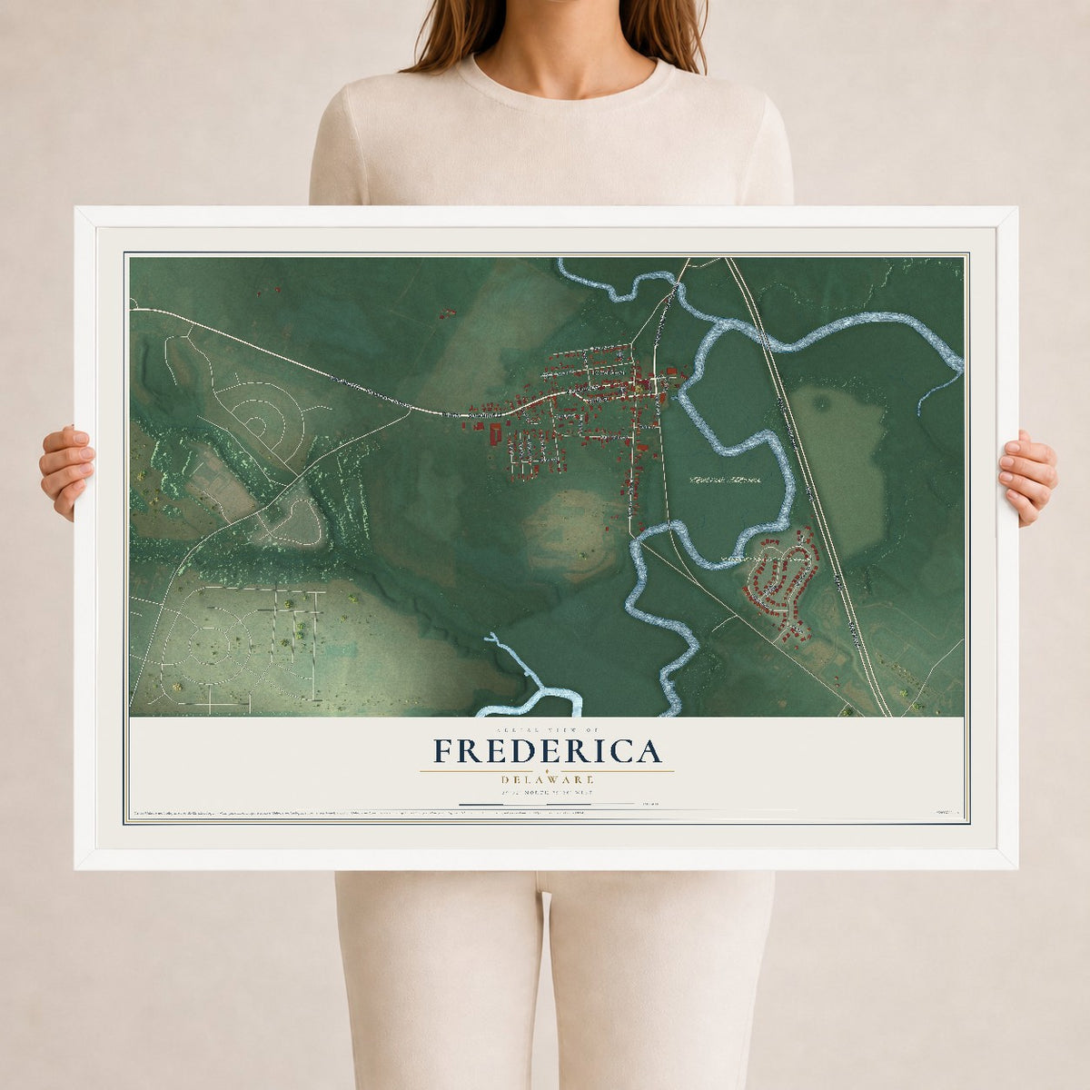 Map of Frederica, Delaware, 24 x 36 inch print in a white wood frame