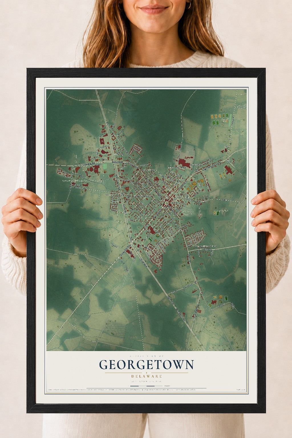 Map of Georgetown, Delaware, 18 x 24 inch print in a black wood frame