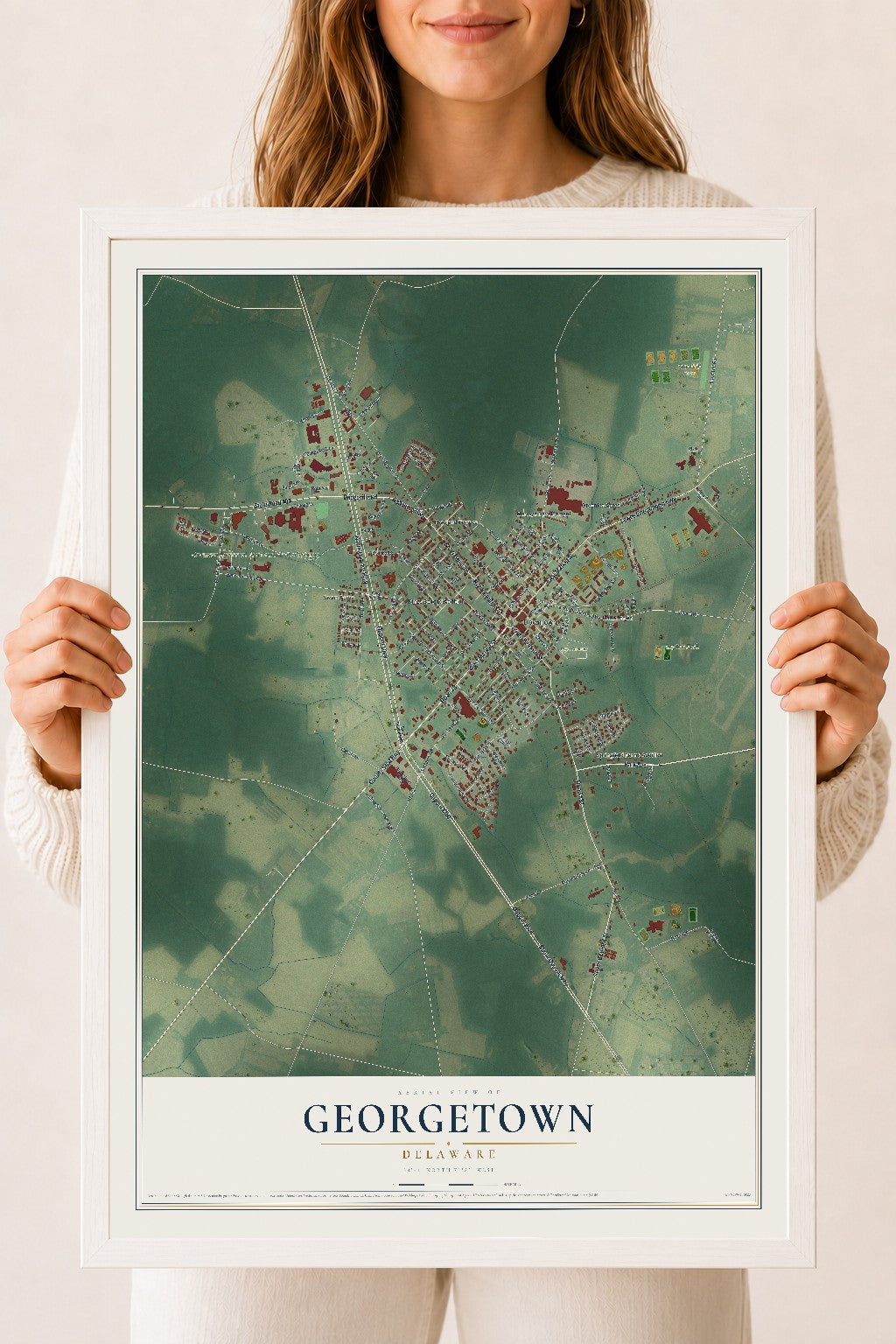 Map of Georgetown, Delaware, 18 x 24 inch print in a white wood frame