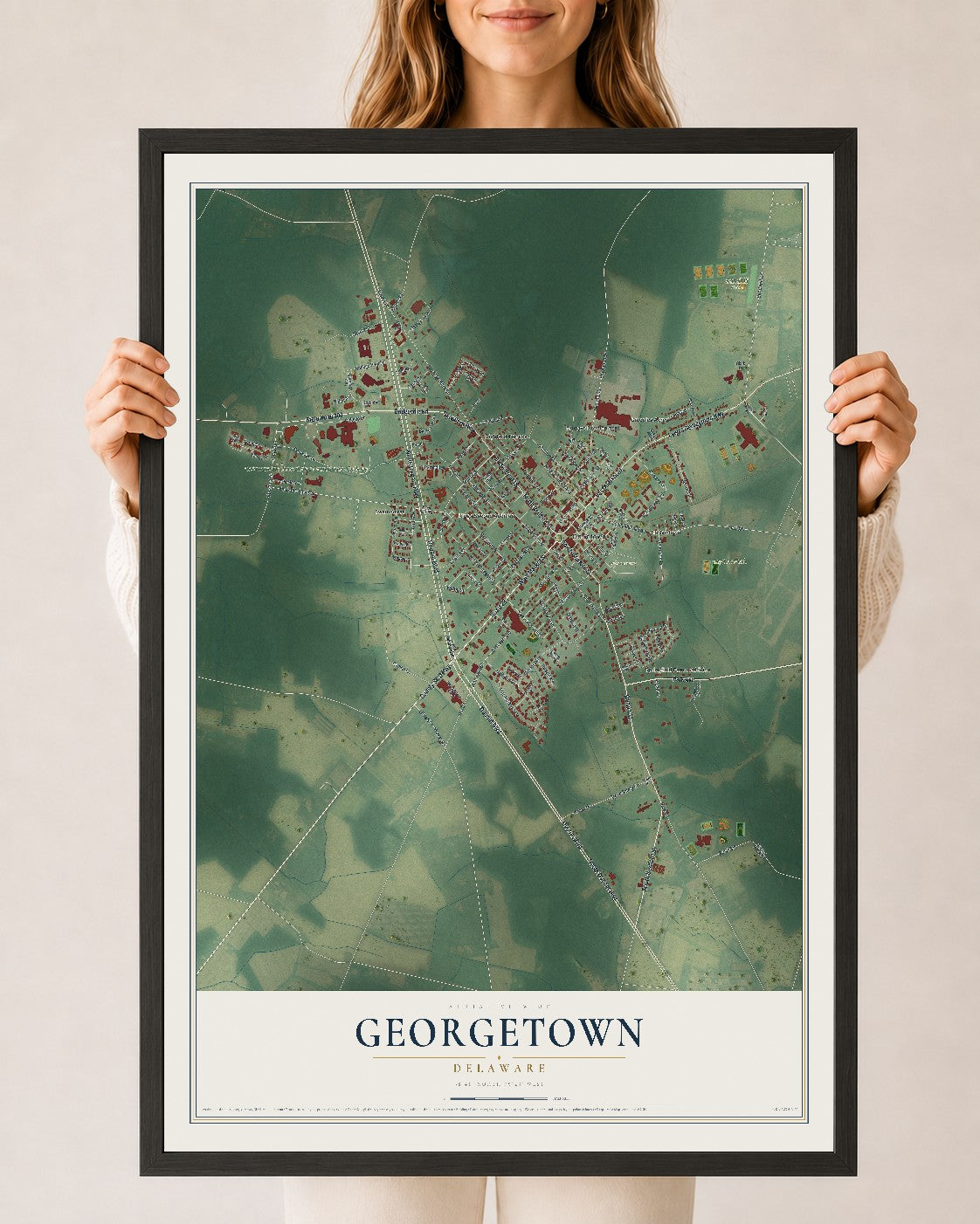 Map of Georgetown, Delaware, 24 x 36 inch print in a black wood frame