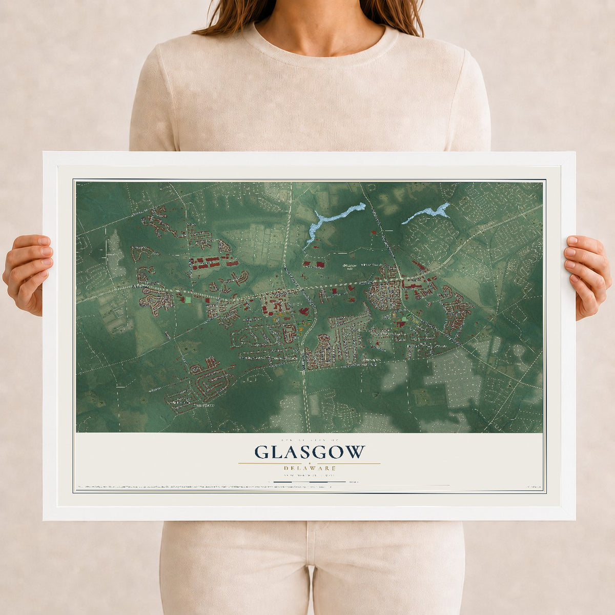 Map of Glasgow, Delaware, 12 x 18 inch print in a white wood frame