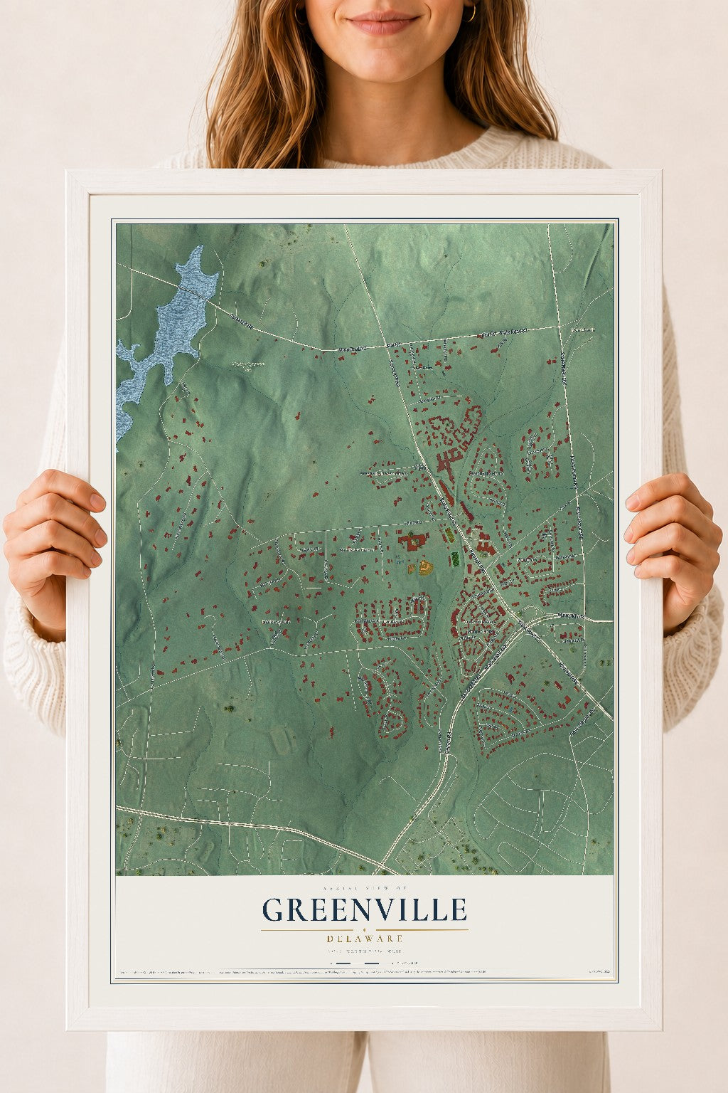 Map of Greenville, Delaware, 18 x 24 inch print in a white wood frame