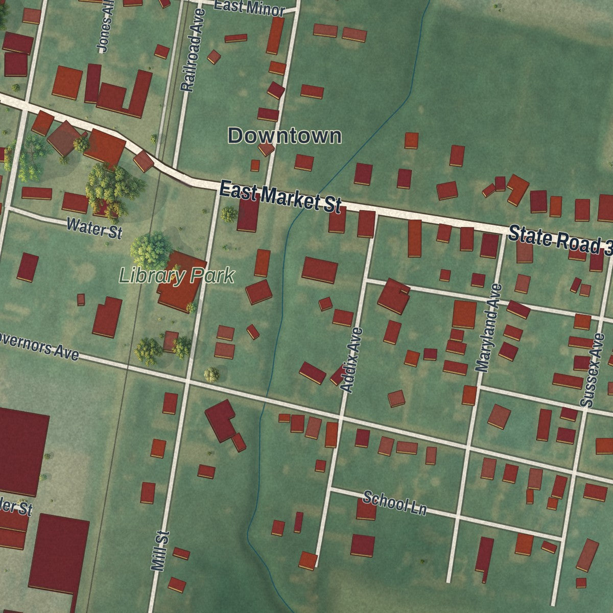 Close-up of the map of Greenwood, Delaware print showing street and building detail
