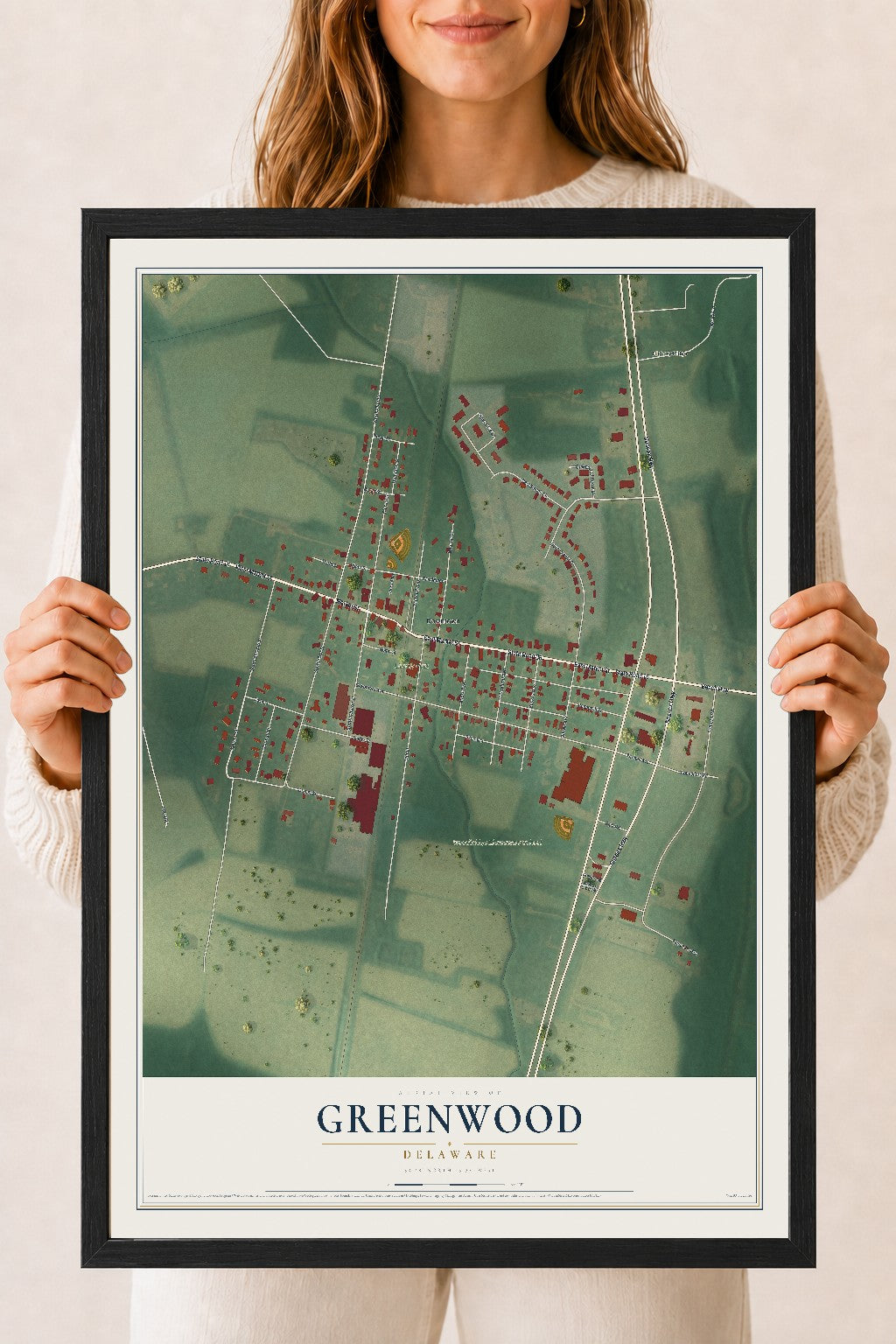 Map of Greenwood, Delaware, 18 x 24 inch print in a black wood frame