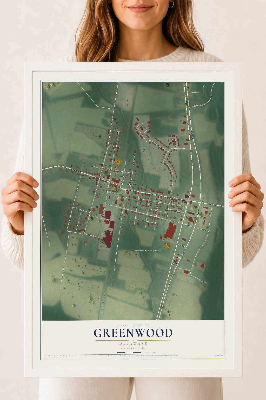 Map of Greenwood, Delaware, 18 x 24 inch print in a white wood frame