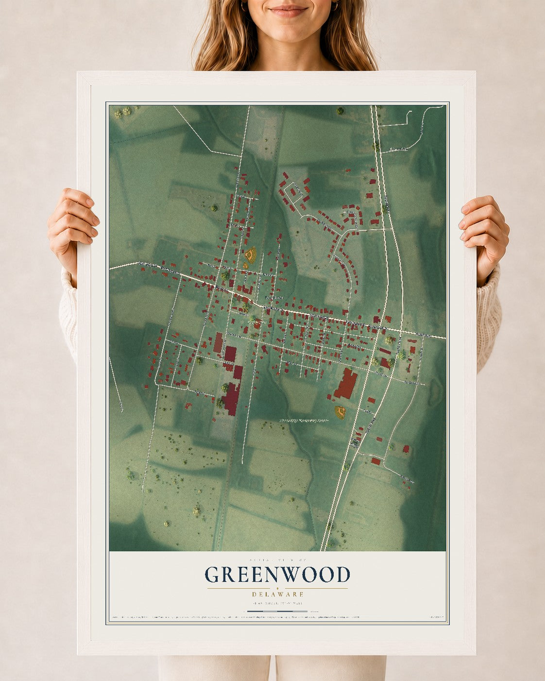 Map of Greenwood, Delaware, 24 x 36 inch print in a white wood frame